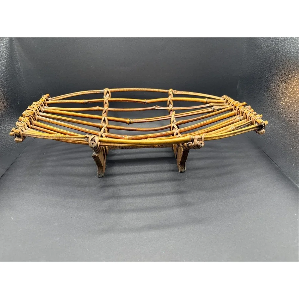 Vintage Tortoise Bamboo Boat Basket - Handcrafted MCM Centerpiece Caddy